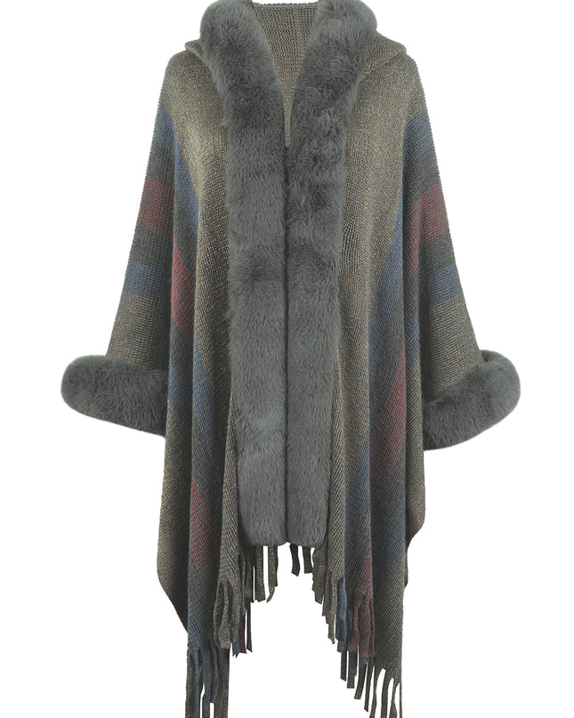 Color Block Fringe Detail Poncho Charcoal One Size