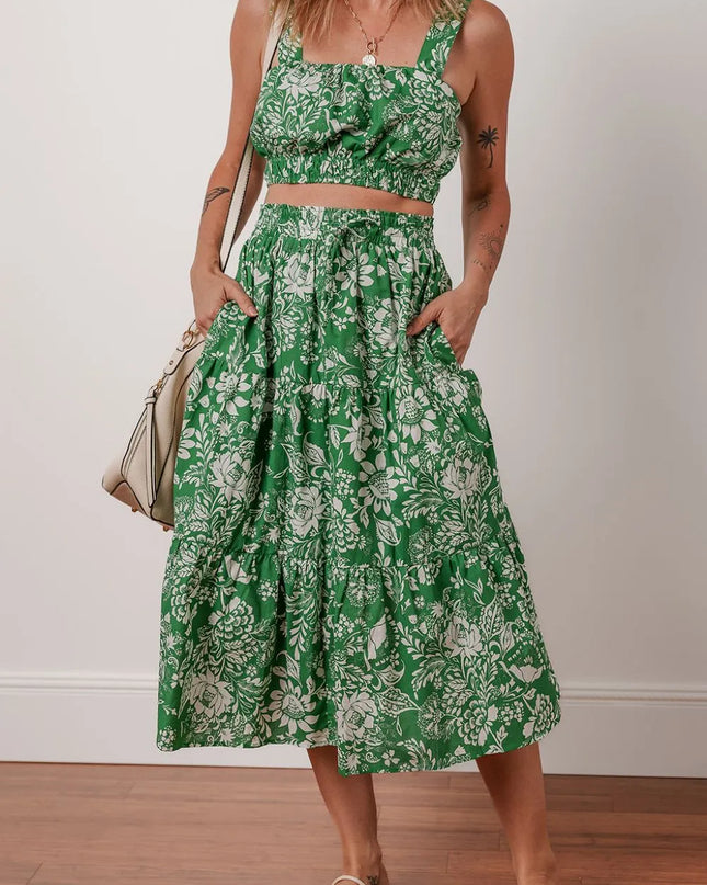Floral Print Shirred Crop Top and Midi Skirt Set