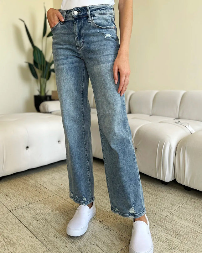 Judy Blue Full Size Mid Rise Distressed Straight Jeans