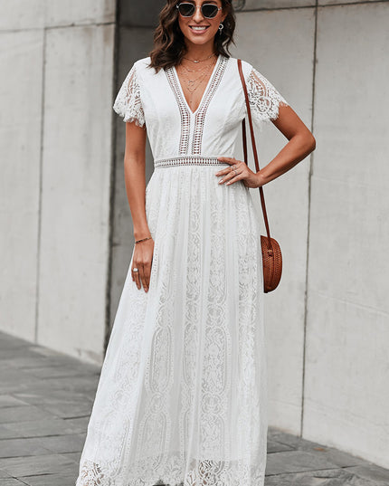 Scalloped Trim Lace Plunge Dress White