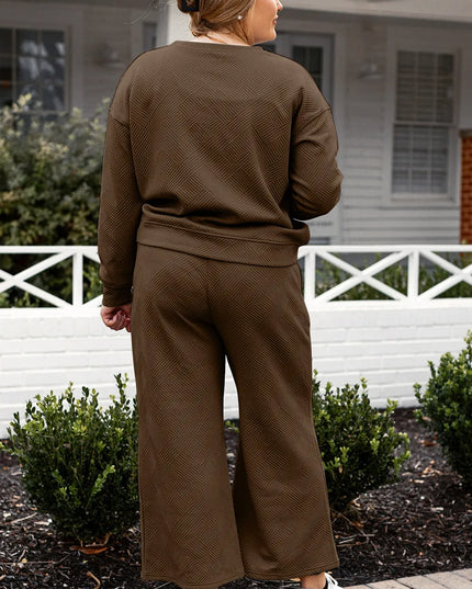 Double Take Full Size Textured Long Sleeve Top and Drawstring Pants Set