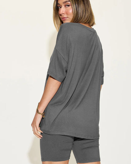 Basic Bae Full Size V-Neck Drop Shoulder T-Shirt and Shorts Set 