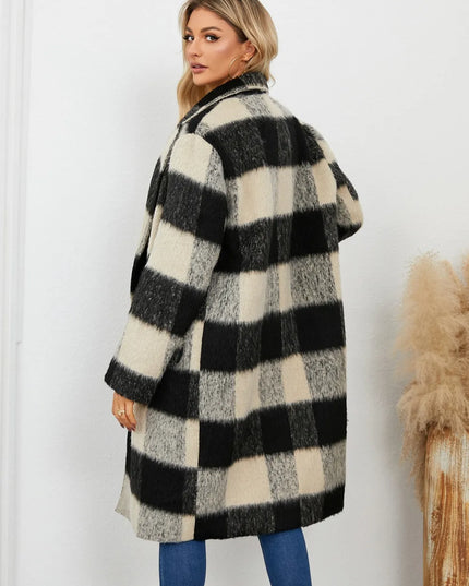 Plaid Double-Breasted Long Sleeve Coat