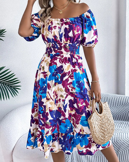 Ruffled Hem Smocked Floral Short Sleeve Midi Dress 