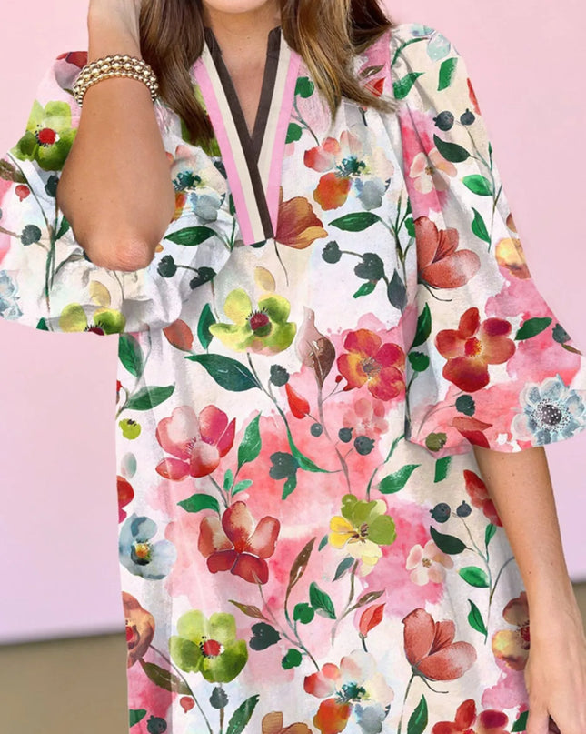Floral Print Notched Tunic Dress