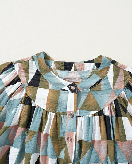 Geometric Print Buttoned Balloon Sleeve Loose Fit Shirt