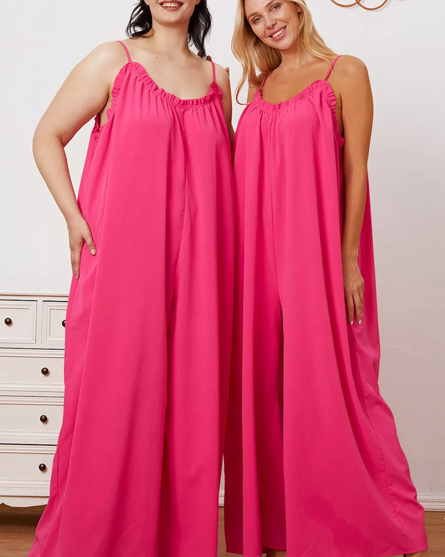 Double Take Full Size Ruffle Trim Tie Back Cami Jumpsuit with Pockets