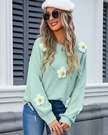 Angel Wings Flower Round Neck Long Sleeve Sweater Gum Leaf