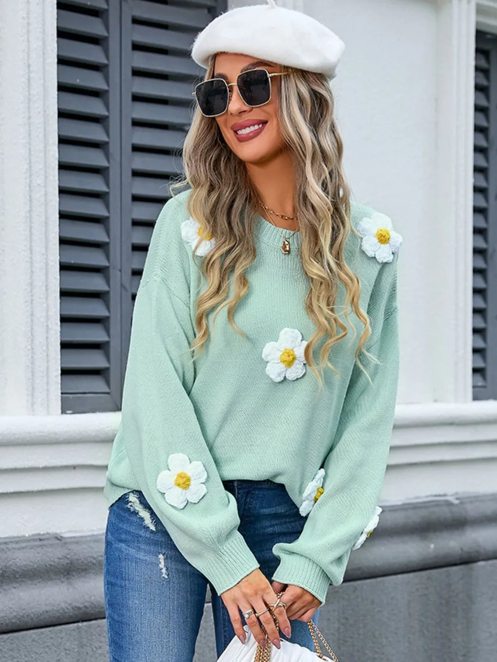 Angel Wings Flower Round Neck Long Sleeve Sweater Gum Leaf