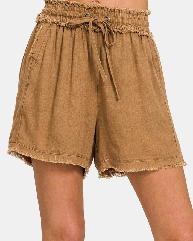 Zenana Washed Linen Frayed Hem Drawstring Shorts Deep Camel