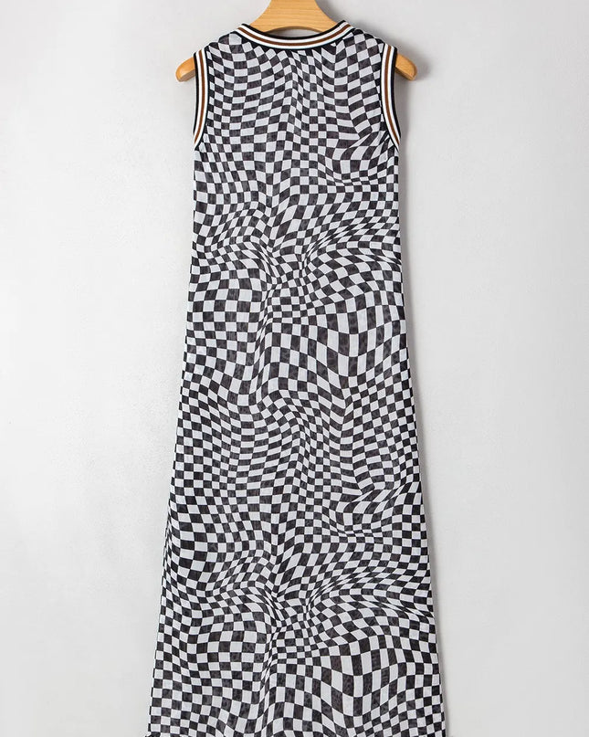 Checkered Round Neck Sleeveless Midi Dress 