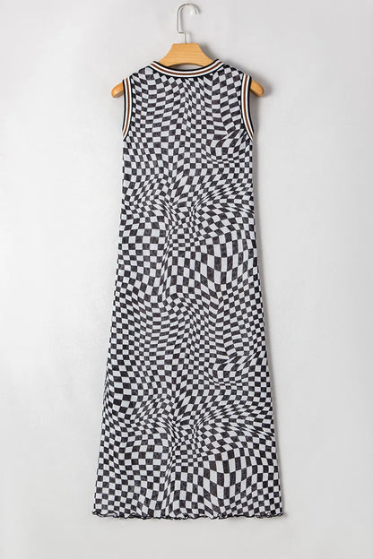 Checkered Round Neck Sleeveless Midi Dress 