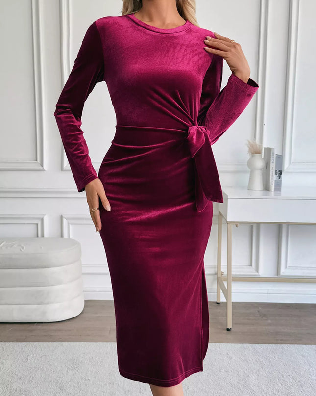 Velvet Slit Round Neck Long Sleeve Dress with Side Tie Detail