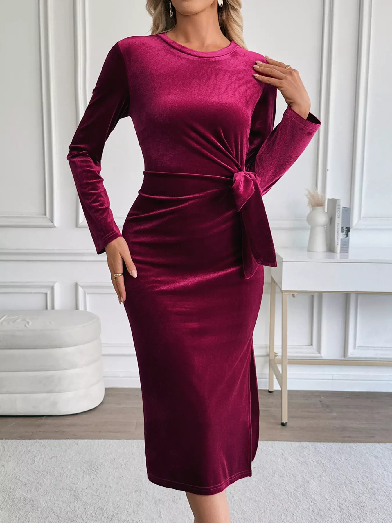 Velvet Slit Round Neck Long Sleeve Dress with Side Tie Detail