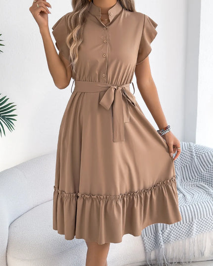 Tie Waist Ruffled Cap Sleeve Dress