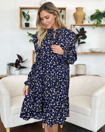 Double Take Full Size Printed Ruffle Hem Long Sleeve Tiered Dress