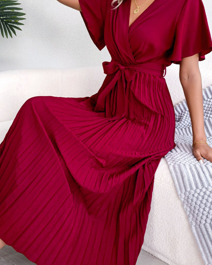 Pleated Flutter Sleeve Belted Dress