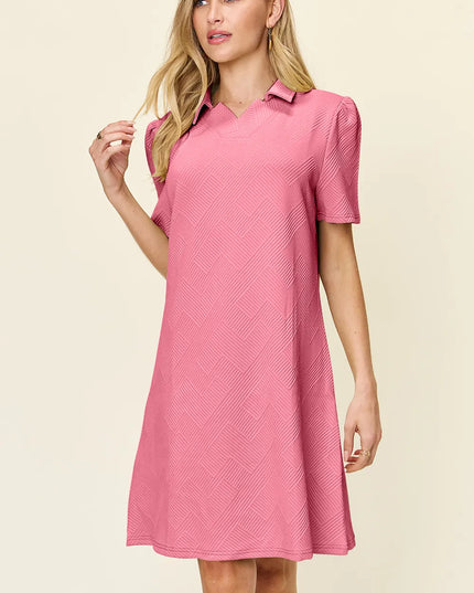 Double Take Full Size Texture Collared Neck Short Sleeve Dress