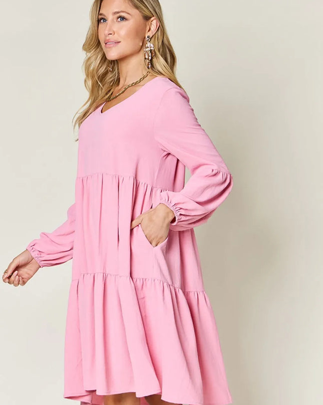 Double Take Full Size V-Neck Balloon Sleeve Tiered Dress with Pockets