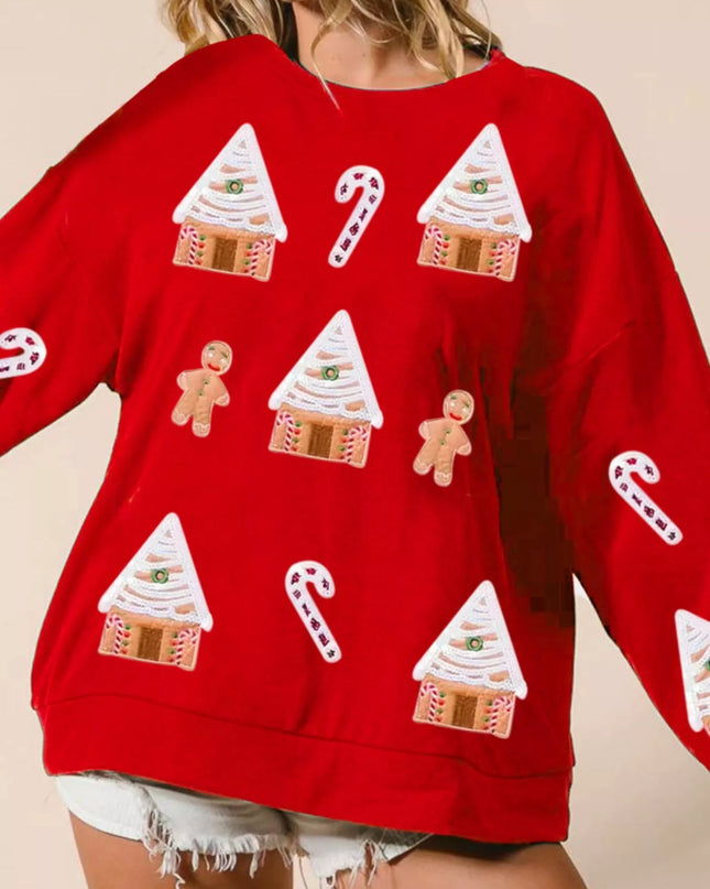 Christmas Gingerbread House Sequin Sweatshirt Red