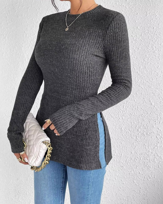 Slit Round Neck Long Sleeve T-Shirt Gray