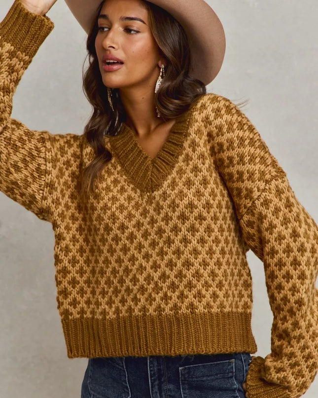 SO ME Color Block Textured Christmas Sweater V Neck Top