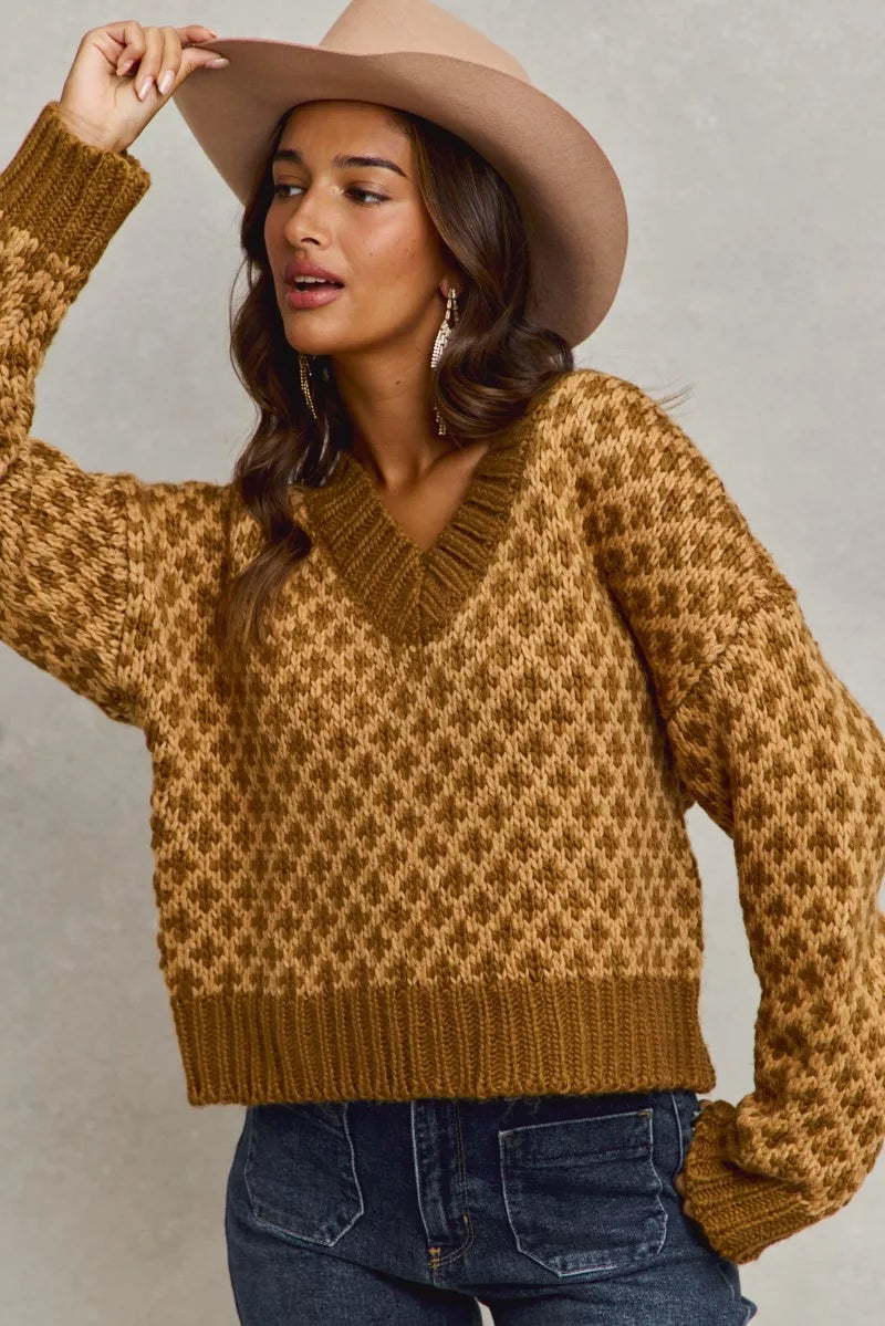 SO ME Color Block Textured Christmas Sweater V Neck Top