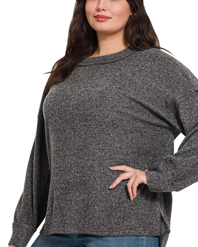 Zenana Full Size Brushed Ribbed Hacci Drop Shoulder Sweater Plus Size