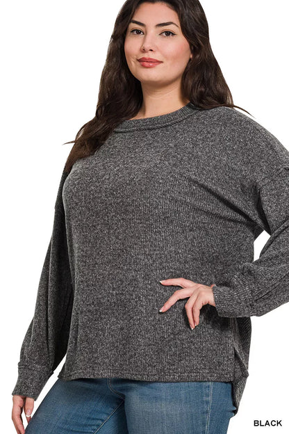 Zenana Full Size Brushed Ribbed Hacci Drop Shoulder Sweater Plus Size