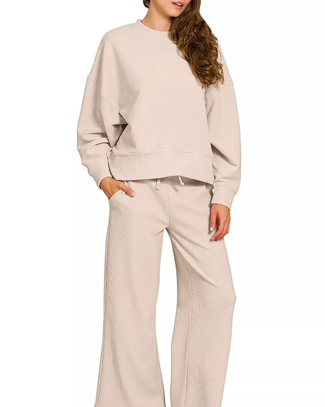 Zenana Ribbed Round Neck Pullover and Drawstring Pants Set SAND BEIGE