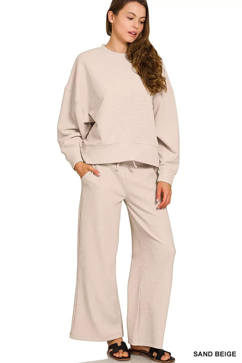 Zenana Ribbed Round Neck Pullover and Drawstring Pants Set SAND BEIGE