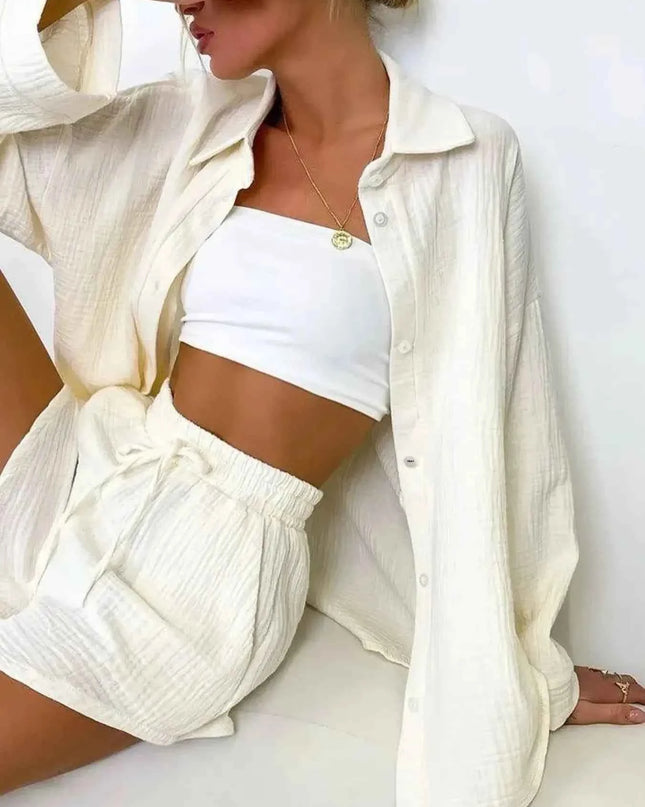 Texture Button Up Shirt and Shorts Set