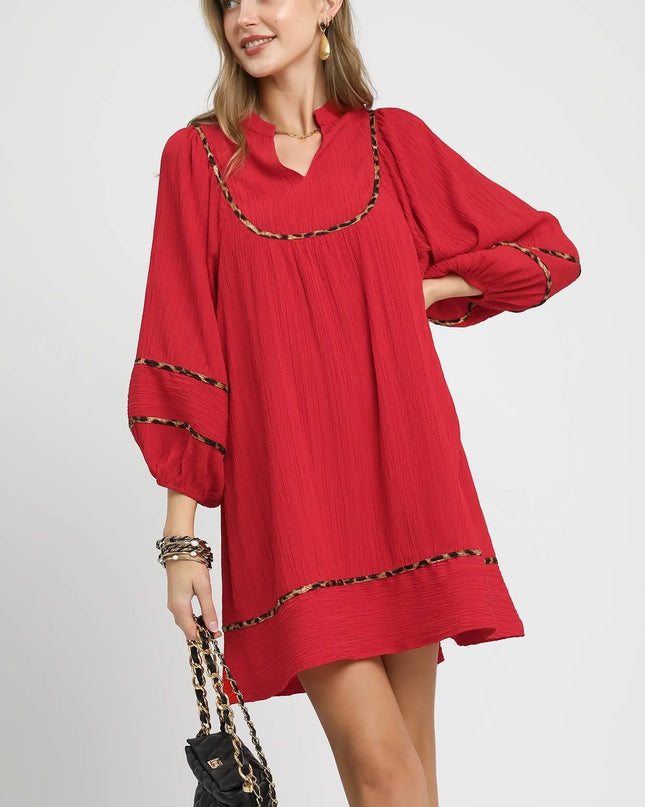 Umgee Textured Babydoll Dress with Leopard Trim Red