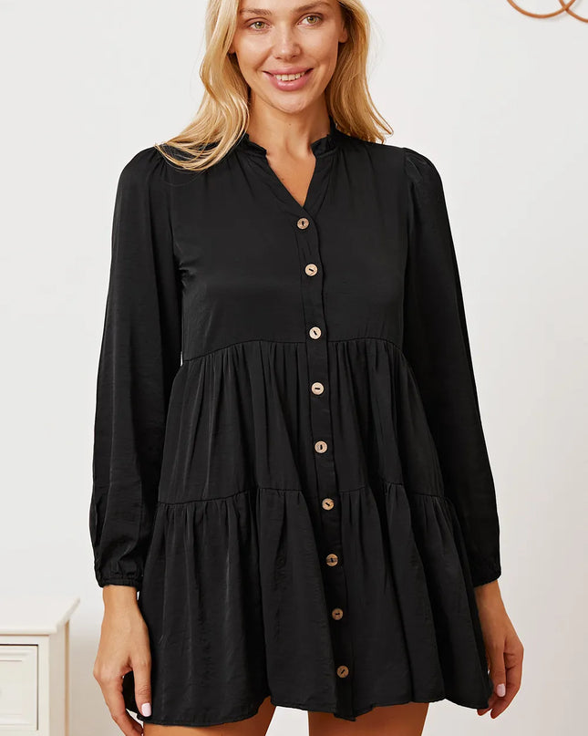 Ruffled Button Up Long Sleeve Tiered Shirt Black