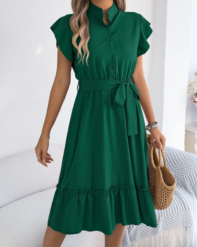 Tie Waist Ruffled Cap Sleeve Dress