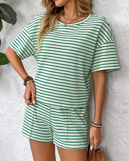 Striped Round Neck Short Sleeve Top and Shorts Set