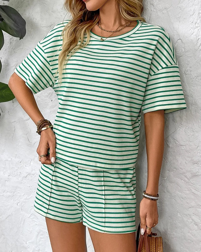 Striped Round Neck Short Sleeve Top and Shorts Set