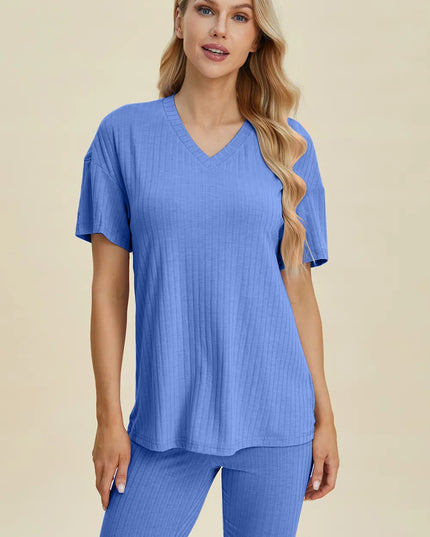 Basic Bae Full Size Ribbed V-Neck Short Sleeve Top and Shorts Set Blue