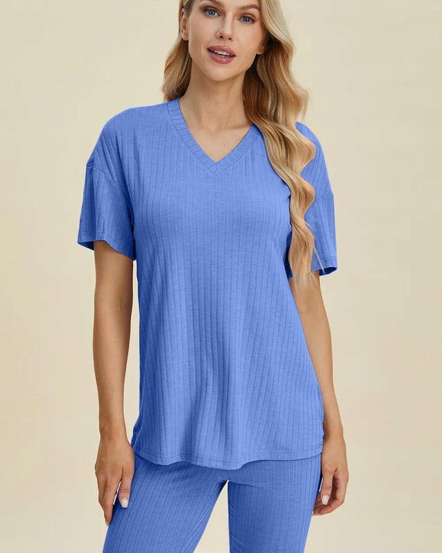 Basic Bae Full Size Ribbed V-Neck Short Sleeve Top and Shorts Set Blue