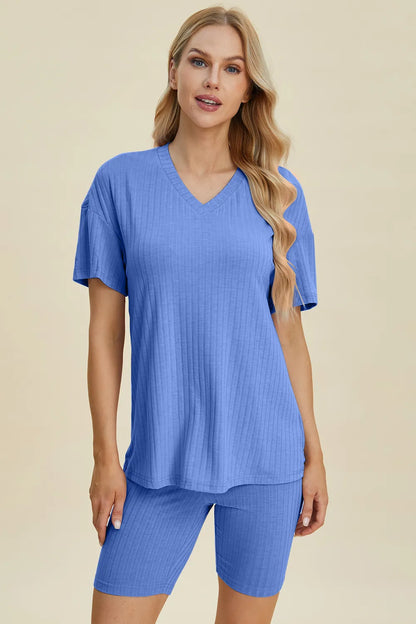 Basic Bae Full Size Ribbed V-Neck Short Sleeve Top and Shorts Set Blue