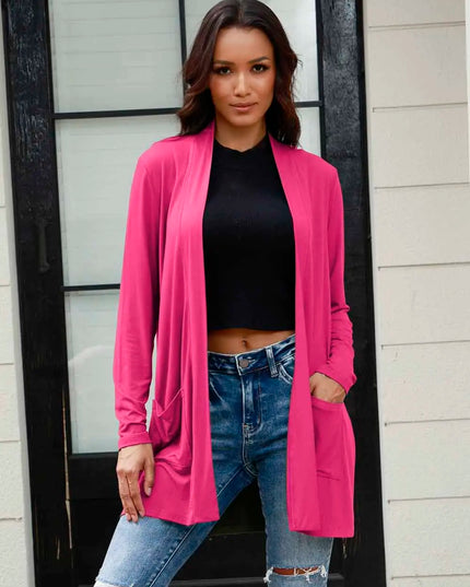 Basic Bae Full Size Open Front Long Sleeve Cardigan with Pockets Hot Pink
