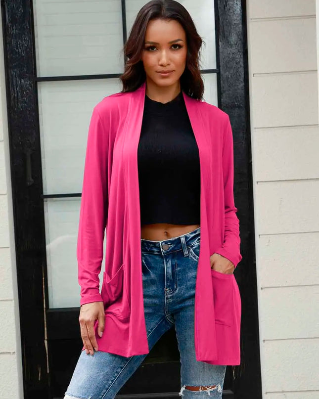 Basic Bae Full Size Open Front Long Sleeve Cardigan with Pockets Hot Pink