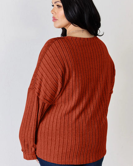 Basic Bae Full Size Ribbed Half Button Long Sleeve T-Shirt