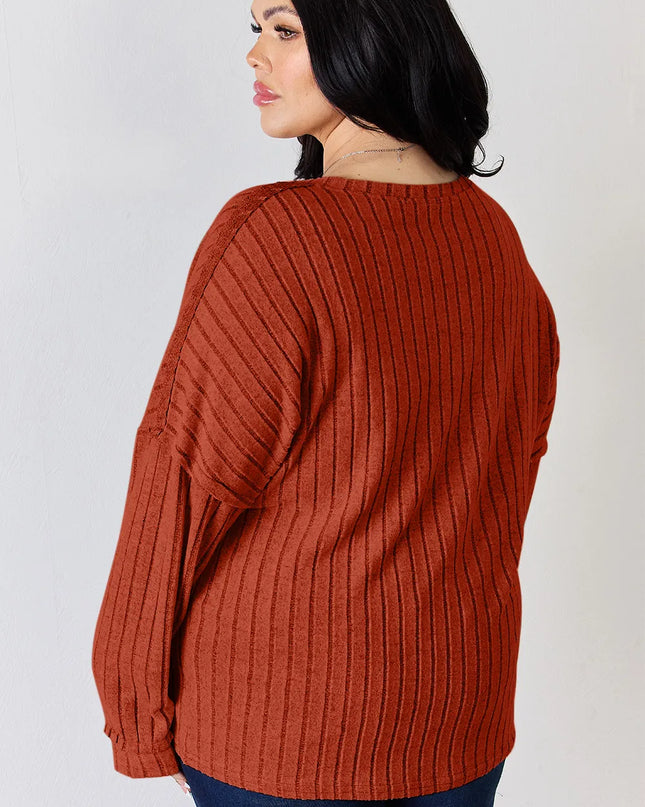 Basic Bae Full Size Ribbed Half Button Long Sleeve T-Shirt