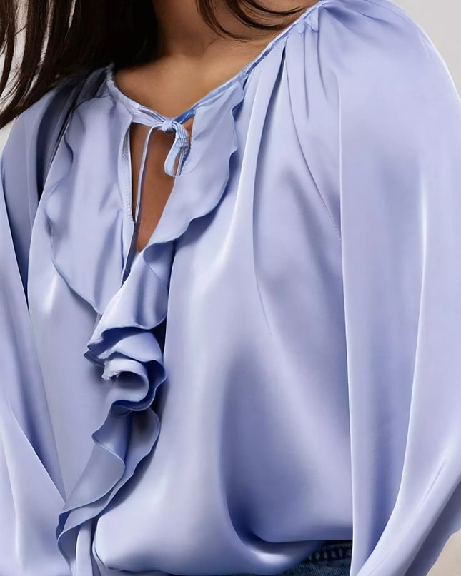 Ruffle Trim Satin Flounce Sleeve Blouse