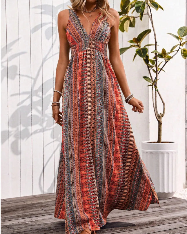 Tied Back Printed Sleeveless Maxi Slit Dress 