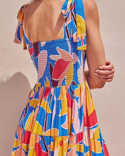 Floral Tie Shoulder Smocked Tiered Dress