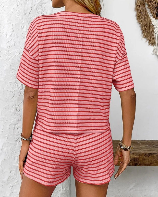 Striped Round Neck Short Sleeve Top and Shorts Set