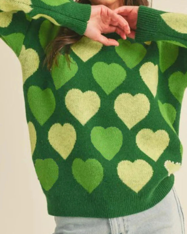 Heart Ribbed Hem Long Sleeve Sweater