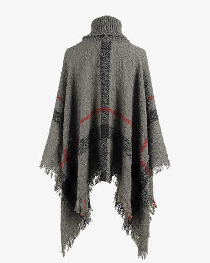 Plaid Turtleneck Raw Hem Poncho